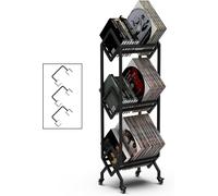 3 Tier Vinyl Record Storage Rack, Mobile Black Metal LP Storage Display Stand with Casters, Large Capacity Record Holder for Albums, Books, Magazines, and Office Files
