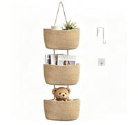 3-Tier Wall Hanging Cotton Baskets，Over the Door Woven Hanging Organiser with Hooks，Boho Decorative Storage Baskets for Bedroom Bathroom Nursery Khaki