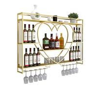 3 Tier Wall Mounted Floating Wine Shelves with Glass Holders Modern Champagne Bottle Display Rack for Kitchen Dining Living Room Bar Stylish Gold Finish Space Saving Design.