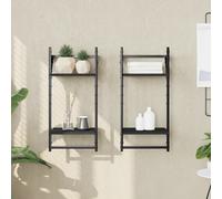 vidaXL Set of 2 2 Shelf Black Floating Wall Shelf with Bar