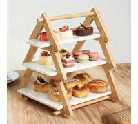 3-Tier Wooden and Marble Serving Stand - Rustic Dessert Display Stand with Natural Bamboo Frame and White Marble Shelves - Perfect for Cakes, Cupcakes, Appetizers, and Afternoon Tea