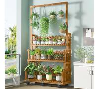 3-Tier Wooden Plant Stand on Wheels, Adjustable Height Indoor Ladder Shelf for Large Plants, Flower Display Rack for Living Room & Garden (62cm)