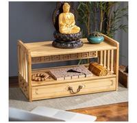 3-Tier Wooden Puja Table with Drawer Eastern Prayer Altar for Spiritual Rituals Natural Finish 42x28cm (16.5x11in) - Perfect for Meditation and Sanctuary Use.