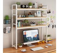 3-Tier Wrought Iron Desktop Bookshelf Organizer, Industrial Style Storage Rack for Computer Desk, Black and Teak Color