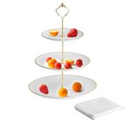 3 Tiered Large Round cake Stand Holder,White Afternoon Tea Stands, Plastic Square Cup Cake Fruit Dessert Party Server Plates Stands, Reusable Food Serving Platter Stand for Birthday, Wedding, Party