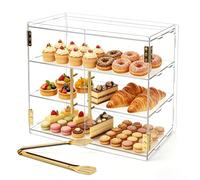 3 Tiers Bakery Display Case, 19.5"x 14.9" x 10.3" Acrylic Clear Pastry Cake Display Case with Elastic Auto-Door & Handle & Serving Tong, Food Display Counter for Cup Cake Pastry Bread Donut Cookie