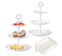 3 Tiers Cake Display Stand, 2PCS Party Server Plates Stands with 30 Dinner Plates, Reusable Afternoon Tea Stands for Blue Communion Wedding Graduation(White)