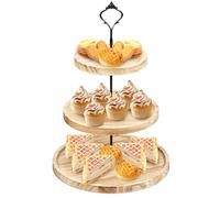 3 Tiers Cake Display Stand, Wooden Afternoon Tea Stands, Round Cup Cake Fruit Dessert Party Server Plates Stands, Food Serving Platter Stand with Metal Handle for Party Birthday Wedding (Light brown)