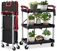 3 Tiers Folding Tool Trolley On Wheels, Foldable Utility Carts With Fixed Rope, Heavy-Duty Folding Service Cart, 167 Lbs Total Capacity, for Home Office Garage Warehouse Black
