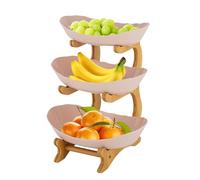 3-Tiers Fruit Serving Tray Fruit Basket Kitchen Fruit Bowl Storage Rack Oval Bowl Stand Pastry Vegetable Display Baskets Bamboo Wood Frame + PP Bowls for Place Desserts Candies Fruits etc (Beige)