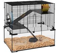 PawHut 3 Tiers Hamster Cage w/ Deep Glass Bottom, Dish, Hut, 60 x 40 x 57cm - Black - Steel wire, steel plate, tempered glass - 1