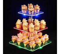 3 Tiers LED Acrylic Cupcake Stand, Ulifeme Rechargeable LED Light Square Clear Dessert Display Stand Cupcakes Tower for Christmas, Wedding, Anniversary, Baby Shower & Birthday Party, 15/20/25cm Tier