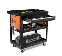 3 Tiers Tool Trolley with Drawers, 76 * 35 * 70cm Heavy Duty Service Cart with Handle and Hook, Load Capacity 300KG, Rolling Storage Trolley for Transporting Heavy Equipment