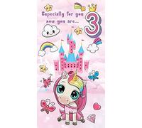 3 Today - Little Girl Happy 3rd Birthday Greeting Card with Lovely Verse - Unicorn, Castle, Butterflies & Rainbow - Wee Nippers by Cardigan Cards