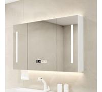 3-Tone LED Bathroom Mirror Cabinet, Touch Switch Wall Unit, Wooden Makeup Organizer, Digital Clock, Stylish Lighted Mirror for Modern Bathrooms