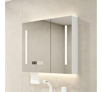 3-Tone LED Bathroom Mirror Cabinet with Touch Switch, Narrow Wall-Mounted Design, Illuminated Makeup Storage, Time Display, Modern Vanity Light for Enhanced Bathroom Decor.