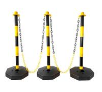 3 Traffic Safety Delineator Posts - Yellow and Black | Height Adjustable Barrier Posts with Fillable Base and 4 Meter Plastic Chain | Portable Indoor Queue & Access Control Poles with S Connectors