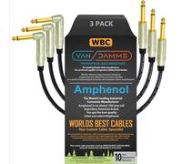 3 Units - 25 CM - Van Damme Pro Classic XKE Guitar & Bass Patch Cable - Ultra-Flexible, Multi-Shielded with Amphenol ACPM-RN-AU & ACPM-GN-AU M-Series Angled & Straight Gold TS Plugs