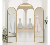 3 Way Arched Full Length Mirror Free Standing, 71"x 67" Large Modern Trifold Mirror with 3 Panel Tempered Glass & Metal Frame, for Dressing Room, Bridal Shop,Clothing Store (Gold)