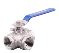 3-Way Ball Valve, Stainless Steel T Type Valve with 3/4" Female Thread, Lever Handle, Pipe Fittings