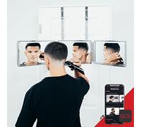 3 Way Barber Mirror with LED Self-Cutting System for Hair Cutting, Tri-Fold Barber Mirror with Height Adjustable Hooks, 360 View, Educational Mobile App