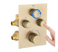 3 Way Brass Thermostatic Shower Mixer Valve Taps Inside Wall Brushed Gold | Concealed, Push Button, Water Flow Adjustable, Temperature Control, Triple Shower Diverter Valve, for 3 Outlet Shower System