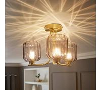 ValueLights | Gold 3 Way Ceiling Light Fitting with Smoked Ribbed Glass Shades | Pendant Lights, Home Décor & Improvement Essential | Mains Wired