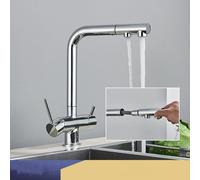 3 Way Chrome Kitchen Faucet with Filter Dual Handle Deck Mounted Hot & Cold Water Mixer Pull Out Design for Pure Drinking Water