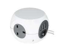 3 Way Cube Power Socket with 3 USB Charger Ports - White - 1.4m Extension Lead