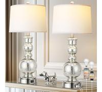 3-Way Dimmable Touch Control Mercury Beaded Ball Glass Lamps Set of 2 for Bedroom with USB A+C Contemporary Silver Living Room Lamps Modern Nightstand Lamps with White Lampshades(Bulbs Included)