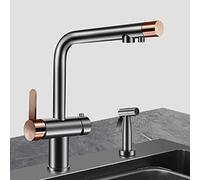 3 Way Faucet Kitchen, Kitchen Faucet 3 Way Brass Extendable Spray Gun Swivel Cold Water and Hot Water Filtered Water Drinking Water Faucet Kitchen, Grey+Rose Gold