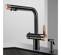 3 Way Faucet Kitchen, Kitchen Faucet 3 Way Brass Extendable Spray Gun Swivel Cold Water and Hot Water Filtered Water Drinking Water Faucet Kitchen, Black+Rose Gold