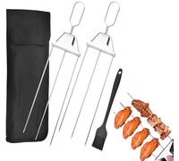 3 Way Grill Skewers - Grillsavant, 2Pcs BBQ Metal Skewer, BBQ Grill Skewers Stainless Steel, for Outdoor Grill Chicken, Veggies Skewers, Easy to Use Push Bar Slider (2PCS+Brush)