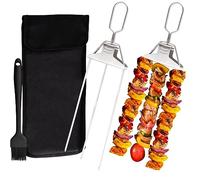 3 Way Grilling Skewers,2pcs Kabob Skewers with Brush and Storage Bag,3-Prong BBQ Skewer Stainless Steel,Easy to Use Push Bar Slider, Kabob Sticks for Meat,Chicken,Sausages,Veggies