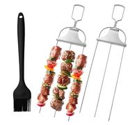 3 Way Grilling Skewers, 3-Prong Kebab Skewers Kit, 2Pcs Stainless Steel Kebab Sticks with Brush, Kabob Forks with Push Bar Slider for Meat, Chicken, Sausages, Veggies