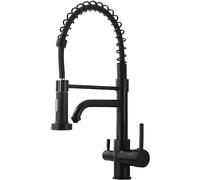 3 Way Kitchen Faucet for Water Filter, Spiral Spring Design, Extendable 2 Mode Mixer Tap, Black Finish