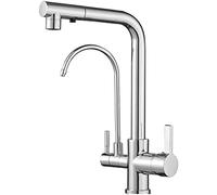 3-Way Kitchen Faucet Pull Down Sprayer, Dual Handle Sink Mixer Tap with 360° Swivel Spout, Brass Water Purifier, Black & Brushed Nickel Finish for Modern Kitchens (Chrome)