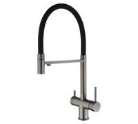 3 Way Kitchen Faucet with High Arc Pull Down Spout 360° Swivel Brass Mixer Dual Lever Design Commercial Grade Tap for 1 Hole Sinks Stylish Grey Finish