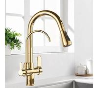 3-Way Kitchen Faucet with Pull-Down Sprayer Brushed Nickel Swan Neck Mixer Durable Drinking Water Tap Modern Design for Home and Commercial Use