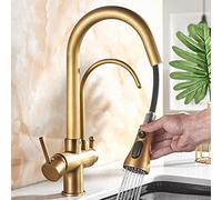 3 Way Kitchen Faucet with Pull Out Spray Antique Brass Hot and Cold Water Filtered Water Swivel Kitchen Sink Faucet
