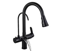 3-Way Kitchen Faucet with Water Filter Black Swan Neck Design High Arc Pull-Down Sprayer 2 Spray Modes Drinking Water Tap Modern Kitchen Mixer