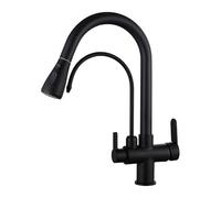 3-Way Kitchen Faucet with Water Filter Pull-Out Sprayer Brass Mixer Tap Dual Handle Swivel Design Black Finish Perfect for Modern Kitchens