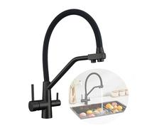 3-Way Kitchen Mixer Tap, Black Kitchen Tap for Sink, 3-Way Faucet for Sink, Dual Outlet, Hot/Cold/Filtered Drinking Water, 360° Swivel Hose, Pull Out Faucet, Stainless Steel