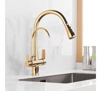 3-Way Kitchen Mixer Tap with Pull-Out Spray & Drinking Water Filter - Elegant Brass Gold Finish Faucet for Modern Kitchens Easy Installation Durable Design