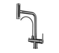 3-Way Kitchen Sink Tap with Pull-Out Spray Dual Lever Mixer Swivel Spout Gray Finish Drinking Water Faucet Versatile Kitchen Faucet for Easy Cleaning