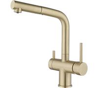 3 Way Kitchen Tap Dual Lever Kitchen Mixer Tap with Pull Out Spray 360 Degree Swivel Spout 3 Way Kitchen Tap with Water Filter Way Drinking Water, Brushed-Brushed Gold