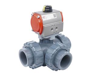 3-Way Pneumatic Ball Valve G1 1/2'' L-bore PVC Spring Opening