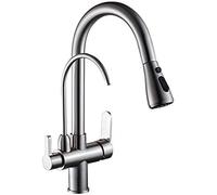 3-Way Pull-Down Kitchen Faucet with Double Spray Brushed Nickel & Chrome Finish Water Filter Compatible Modern Design Easy Installation