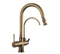 3 Way Pull Out Kitchen Tap Antique Style Brass Kitchen Sink Taps 3 Way Single Hole 2 Handles-Antique
