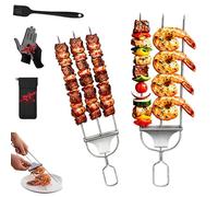 3-Way Stainless Steel BBQ Skewers Non-Spin Grilling Skewers with Easy Food Release Push Slider, 3 Prong Reusable Metal Kabob Sticks for Backyard Family Barbecue Veggies Shrimp Beef (2pcs)